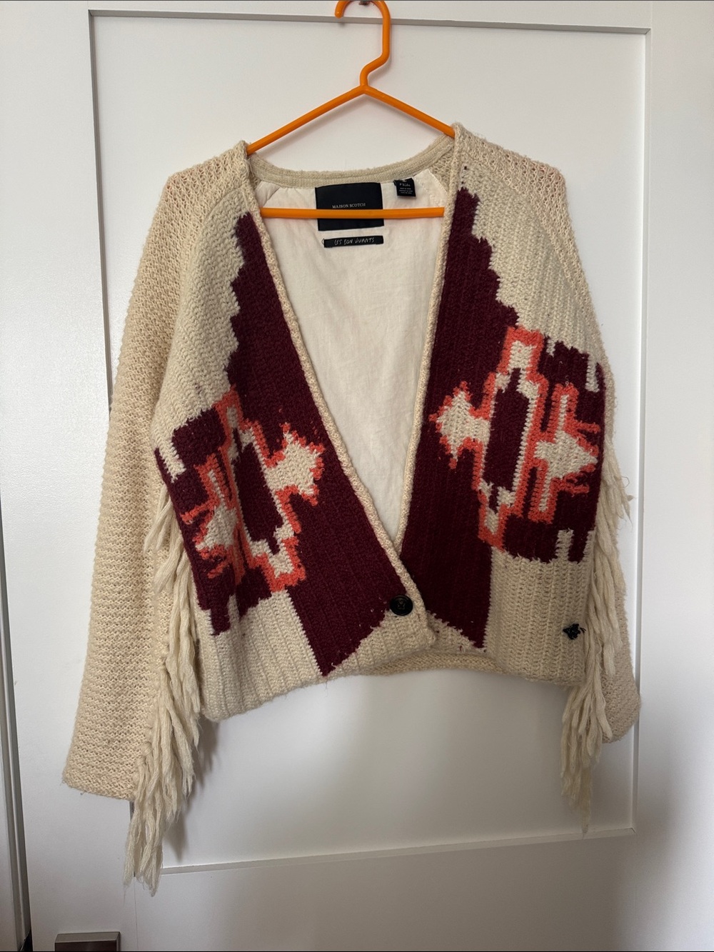 Scotch & Soda Cream, Burgundy & Rust Aztec Fringe Cardigan